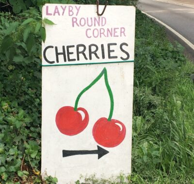 Layby style sign of a Cherry sellers stall