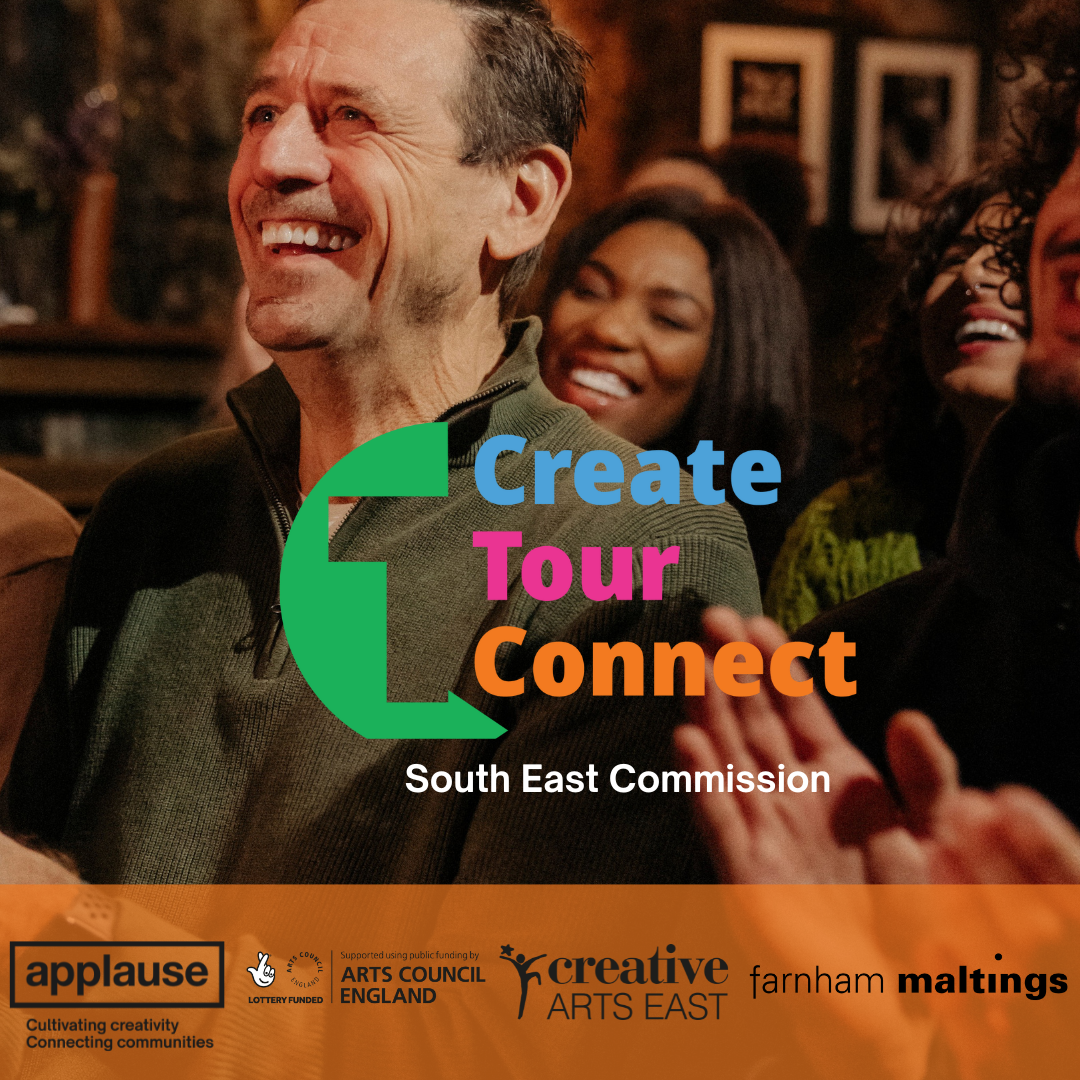 Group of people smiling and applauding. Text reads Create Tour Connect South East Commission